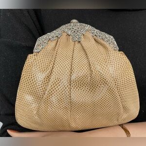 Authentic Judith Leiber Tan Brown Snake Skin / Reptile Clutch Handbag Purse